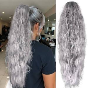 lot 4226 image: LEEONS 26 inch Drawstring ponytail Extension, Long Wavy pony tails hair extensions for Women - Synthetic Hairpiece Ponytail for Daily Use (Light Silver mixed Grey)