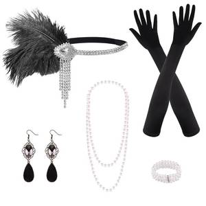 lot 4233 image: PLULON 8 Pieces 1920s Flapper Great Gatsby Accessories Set Fashion Roaring 20s Theme Set with Headband Headpiece Long Black Gloves Necklace Earrings for Women(Style 3)