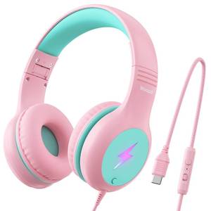 lot 4235 image: Wuopzf Kids USB C Headphones for School, 2025 Upgrade Safe Listening Wired Over-Ear Headphones with LED Lights, Volume Limiter & Microphone, Foldable Design for iPhone 16, iPad, Tablet