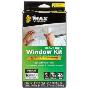 lot 4257 image: Duck MAX Strength Window Insulation Kit, Winter Window Seal Kit Fits up to 5 Windows, Heavy Duty Shrink Film Cuts to Size for Easy Indoor Installation, Window Tape Included,62 In. x 210 In., Clear