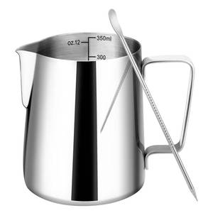lot 4258 image: Amrules Milk Frothing Pitcher, 12oz Milk Frother Cup with Clear Scale, 304 Stainless Steel Cappuccino Espresso Machine Accessories for Barista Coffee Bar with Latte Art Pen, Silver