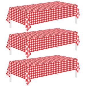 lot 4279 image: Childom 3 Pack Red and White Checkered Tablecloths 54x108 Valentines Day Tablecloths for Rectangle,Disposable Plastic Table Cover for Wedding,Home,Birthday,Picnic,Buffet,Pizza Party,Racing Car Decor