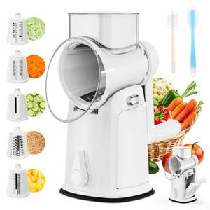 lot 5493 image: YSEPOZ 7 IN 1 Upgraded Rotary Cheese Grater with Handle �� Vegetable Shredder with Built-in Storage Blade Slot, 5 Versatile Blades, Strong Suction Base Round Mandoline Slicer, Food Chopper for Kitchen