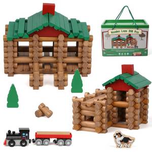 lot 5499 image: Wondertoys 208 Pcs Wooden Log Set - Classic Building Logs Ages 3 - Best Retro Building Gift Set for Boys - Creative Construction Engineering Educational Gifts