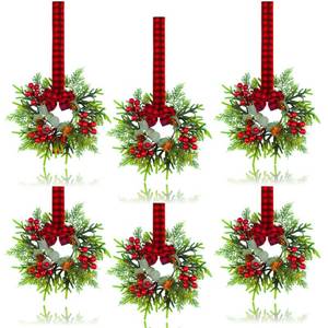 lot 6054 image: A6 Pcs Small Christmas Wreath - Mini Wreaths with Red Berry Pine Eucalyptus Christmas Wreaths for Door Kitchen Cabinets Window Fireplaces Decor