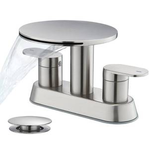 lot 6057 image: Waterfall Bathroom Sink Faucet 3 Hole Brushed Nickel��Modern 2 Handle Vanity Faucet for Bathroom Sink 4 inch Centerset with Round Shelf & Metal Pop-Up Drain