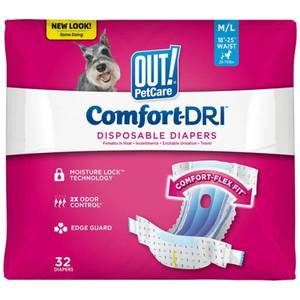 lot 6074 image: Out PetCare Disposable Dog Diapers Female, Potty Training, Dog Diapers, Female Doggie in Heat, Puppy Training, Incontinence, Puppy Essentials 18��-25�� Waist (ML, 32ct)