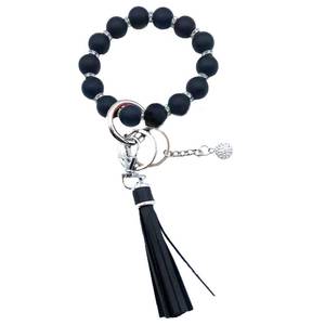 lot 6089 image: Unpafcxddyig Wristlet Bracelet Keychain Silicone Beads with Leather Tassel Rhinestone Key Rings Silver for Women (Black)