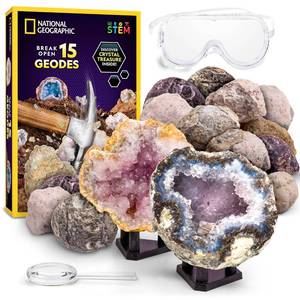 lot 6108 image: NATIONAL GEOGRAPHIC Break Open 15 Premium Geodes Science Kit - Goggles, Detailed Learning Guide, 3 Display Stands, Great STEM Science Toy & Educational Gift