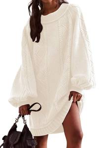 lot 7951 image: ebossy Womens Babydoll Cute Lantern Sleeve Sweater Mini Dress Woven Twisted Baggy Loose Cable Knit Sweater Pullover (L, Beige)