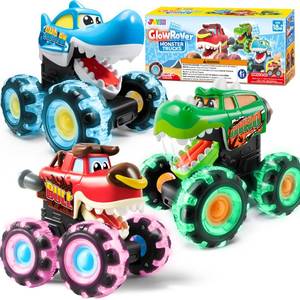 lot 7979 image: JOYIN 3 Pack Monster Truck Toy - Motion Activated Light Up Cars for Toddlers - Monster Glow Rover LED Wheels - Baby Boy Toys - Press and Go Dinosaur Trucks for Kids Boys Birthday Gifts for Christmas
