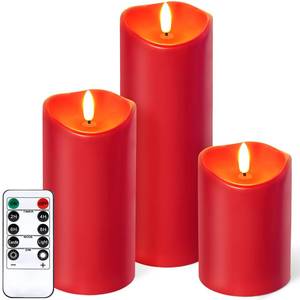 lot 7993 image: NURADA Outdoor Flameless Candles with Remote Timer - Waterproof Realistic Flickering LED Pillar Electric Battery Operated Fake Candle for Home Wedding Christmas Decor - 3 Pack Red(D3��H4��6��8��)