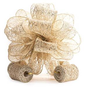 lot 7994 image: CT CRAFT LLC Champagne Gold Glitter Mesh Christmas Tree Topper Bow 11 with 4 Ribbon Streamers x 3 Yards Long Each for Holidy Elegant Fancy Home D�cor Indoor