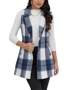 lot 8029 image: IDEALSANXUN Plaid Vest for Women Outerwear Fall Fashion 2025 Outfits Clothes Long Vest Sleeveless Blazer Jackets Cardigan Wool Winter Coat Business Casual Outfits Office Work Tops, Navy, M