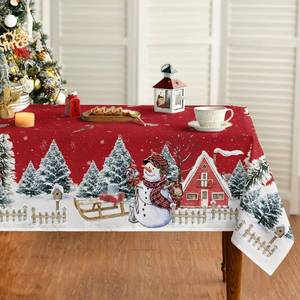 lot 8036 image: Horaldaily Christmas Tablecloth 52�70 Inch, Winter Snowman House Christmas Trees Red Washable Table Cover for Party Picnic Dinner Decor