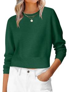 lot 8037 image: ANRABESS Women��s Long Sleeve Sweaters Cropped Crew Neck Business Casual Light Weight Sweater Tops Fall Fashion Clothes 2025 Forest Deep Green S