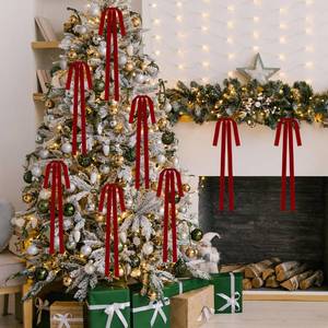 lot 8045 image: 8pcs Velvet New Year Bows Large Staircase Swag Wreath Bow 23.5 x 15.5 Inches Vintage Bows for Lunar Year Spring Festival, Birthday, Wedding Party Decor Red