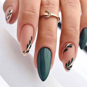 lot 8421 image: Almond Press on Nails Green Fake Nails Medium Length Nails Press ons with Green Leaf Design Matte Artificial Nail Full Cover Glue on Nail Stick on Nails for Women Manicure 24Pcs