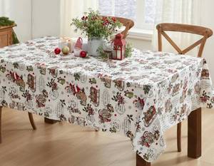 lot 8448 image: Newbridge Vintage Nostalgia Christmas 52 x 70 Inch Rectangle Vinyl Tablecloth with Flannel Backing �� Retro Santa Claus, Snowman & Sleigh Holiday Print Easy-Care Wipe Clean Table Cover