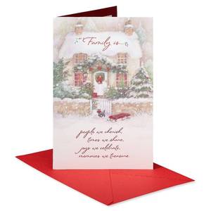 lot 8454 image: American Greetings Christmas Card for Family, Friends, or Someone Special, Shimmering Winter Cabin Scene Holiday Greeting (All the Joys)