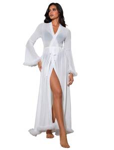 lot 8455 image: OYOANGLE Womens Ruffle Trim Long Sleeve Belted Sheer Mesh Wedding Bride Robe Nightgown White M