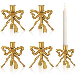 lot 9601 image: Mumufy 4 Pcs Gold Bow Taper Candle Holder Vintage Metal Candle Stick Holders Antique Brass Decorative Candlestick for Wedding Christmas Home Table Decor, 4.5 W x 4.3 H