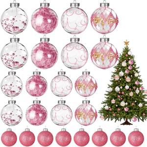 lot 9604 image: Outus 24 Pcs Christmas Balls Ornaments 1.62.43.2 Inch Large and Small Clear Glitter Ball Pink Christmas Hanging Plastic Shatterproof Christmas Tree Decor for Xmas Holiday Wedding Decoration