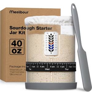 lot 9605 image: Premium Pro Sourdough Starter Jar Kit - 40oz Large Wide Mouth Sourdough Bread Jar with Marked Feeding Band, Thermometer, Scraper, Cloth Cover and Silicone LidBase, Glass Container, Baking Supplies