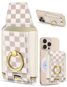 lot 9617 image: Shorogyt Compatible with Magsafe Wallet with Ring Stand Grip - Cute Magnetic Phone Wallets Card Holder for iPhone 171615141312 Series for Women Girls Khaki Plaid Design, Fit 7 Cards