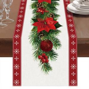 lot 10268 image: Netnology Watercolor Poinsettia Red Christmas Table Runner with White Snowflake,Seasonal Winter Xmas Party Decoration Holiday Indoor Home Kitchen Decor 13 x 108 Inch
