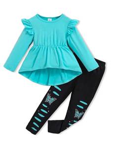 lot 10278 image: Toddler Girl Clothes 4-5T Girls 2 Piece Outfits Kid Fall Outfit Ruffle Long Sleeve Shirt Top Butterfly Allover Pants Fashion Size 4-5 Years Old Winter Clothing Set Blue