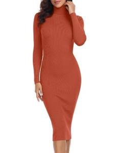 lot 10287 image: Rocorose Church Dresses for Women 2025 Elegant Classy Ribbed Knit Bodycon Pullover Winter Midi Dress Tangerine S