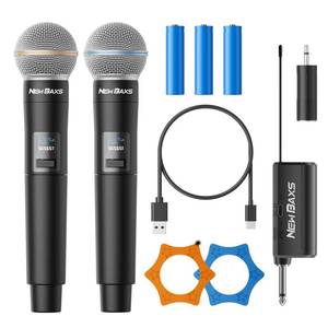 lot 13847 image: Wireless Microphone, Rechargeable Dual Cordless Handheld Dynamic Wireless Mics,NEWBAXS Karaoke Microphones with 14 Output for Karaoke, Meeting, Singing, Church, Wedding