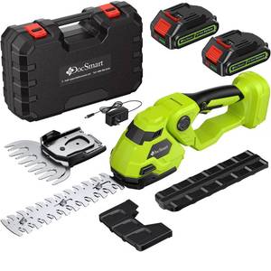 lot 13868 image: Hedge Trimmer Cordless with Battery, 2-in-1 Electric Handheld Grass Shear Cutter with 2 Pack Rechargeable Battery, Mini Bush Trimmer Kit for Garden Yard Lawn Pruning, Green
