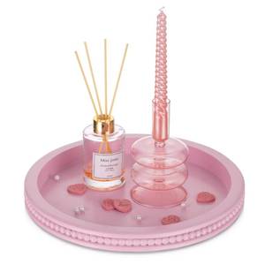 lot 13874 image: Hanobe Pink Tray Decorative Round Beaded Perfume Trays Decor for Dresser Circle Vanity Makeup Serving Tray for Ottoman Coffee Table Bathroom Counter