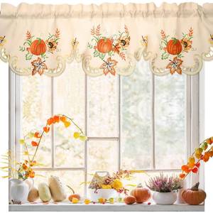 lot 14288 image: Windkream Fall Kitchen Thanksgiving Curtains Valances 58 x 15 Inch Autumn Window Treatment Valance Embroidered Pumpkins Maple for Living Room Bedroom Bathroom Decor