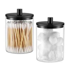 lot 14316 image: TIPGO Glass Qtip Holder Dispenser - 10 oz Clear Canister Apothecary Jar, Bathroom Vanity Storage Organizer Set for Cotton Swabs, Pads, Floss Picks, Small Containers for Makeup Storage (2 Pack, Black)