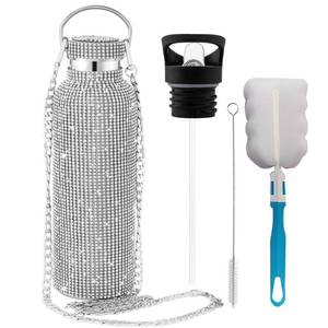lot 15435 image: INSTOME Bling Water Bottle Rhinestone,Diamond Water Bottle with Chain,Rhinestone Water Bottles with Lid for Women,Bling Tumblers with 2 Style lids (silver, 17oz)