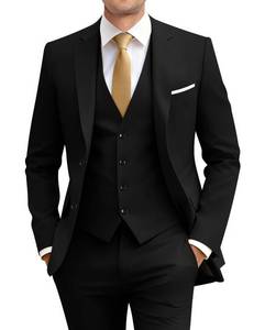 lot 15445 image: Men Suits Slim Fit Black Business Wedding 3 Piece Tux Groomsmen Prom Blazer Jacket Vest Pants with Tie Men Suit Set M