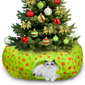 lot 15459 image: Christmas Cat Tunnel Bed Under Christmas Tree for Indoor Red and Green Dot Cats Xmas Cat Donut Tunnel Foldable Plush Peekaboo Cat Cave Toy for Small Cat Kitten (2.8 ft2.8ft10inch, Red and Green Dot)