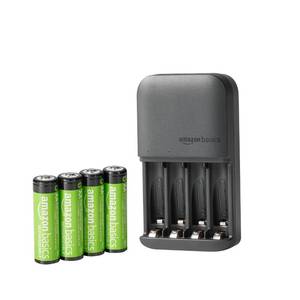 lot 16201 image: Amazon Basics 4-Bay Battery Charger for AA & AAA Rechargeable Batteries with Rechargeable AA NiMh Batteries, 4 count (Pack of 1), Type A (American) Plug, Black