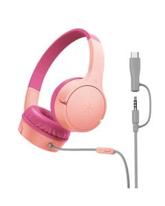 lot 16233 image: Belkin SoundForm Mini Kids Wired Headphones wUSB C to 3.5mm Dongle, Built-in Mic & Fun Stickers, 85dB Max Volume �� for Online Learning, Travel, Compatible wiPhone 16, iPad, Galaxy S25, etc - Pink