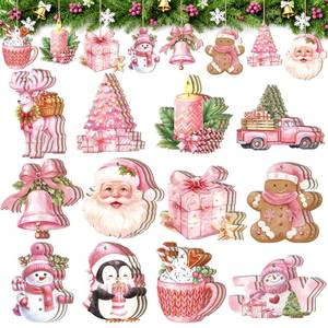 lot 16236 image: 36 Pcs Christmas Ornaments for Tree Christmas Decorations Wooden Snowman Santa Claus Ornament Xmas Hanging Crafts Cutout Wood Home Indoor Decor Holiday Party Supplies Merry Winter Pink Joy Decor