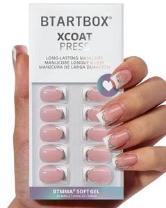 lot 16239 image: BTArtbox Press On Nails Short - Ice Veil, 3D Silver Lines White French Tip Square Press On Nails with Glue and Adhesive Tabs for Women in 16 Sizes - 32 Soft Gel Glue On Nails Kit