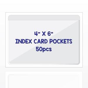 lot 16261 image: Clear Adhesive 4 x 6 Index Card Pockets with Top Open for Loading, 50 Pack, Plastic Labels Holders for Storage Bins and Library Card, Organizing and Protecting Your Index Cards or Photos