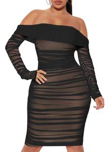 lot 16282 image: MOEENCN Mesh Long Sleeve Ruched Bodycon Dress Sexy Off Shoulder Women Knee Length Party Date Night Outfits Black M