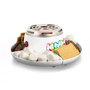 lot 19609 image: Nostalgia Jet-Puffed Tabletop Indoor Electric Smores Maker - Smores Kit With Marshmallow Roasting Sticks and 4 Compartment Trays for Graham Crackers, Chocolate, Marshmallows - White