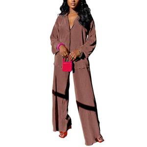 lot 20079 image: kaimimei Casual 2 Piece Outfit for Women - Linen Long Sleeve Button Down Shirt  Flare Pleated Wide Leg Pants Sets Streetwear