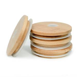 lot 20115 image: TERESRY 4 Pack Bamboo Lids for Glass with Straw Hole, 2.75 inch70 mm Wooden Lids for 16 OZ Beer Can Cups, Replacement Canning Lids for Regular Mouth 20 OZ 24 OZ Glass