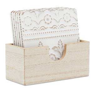 lot 20129 image: Juvale Wooden Coasters Set of 6-3.8 in, White, Square, Farmhouse Style - Coaster Holder for Coffee Table & Bar Decor - Kitchen & Living Room Decor